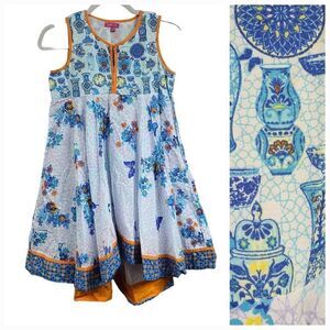 BIBA Girls L/XL Blue Butterfly Cotton Asymmetrical Printed Kurta Indian Dress